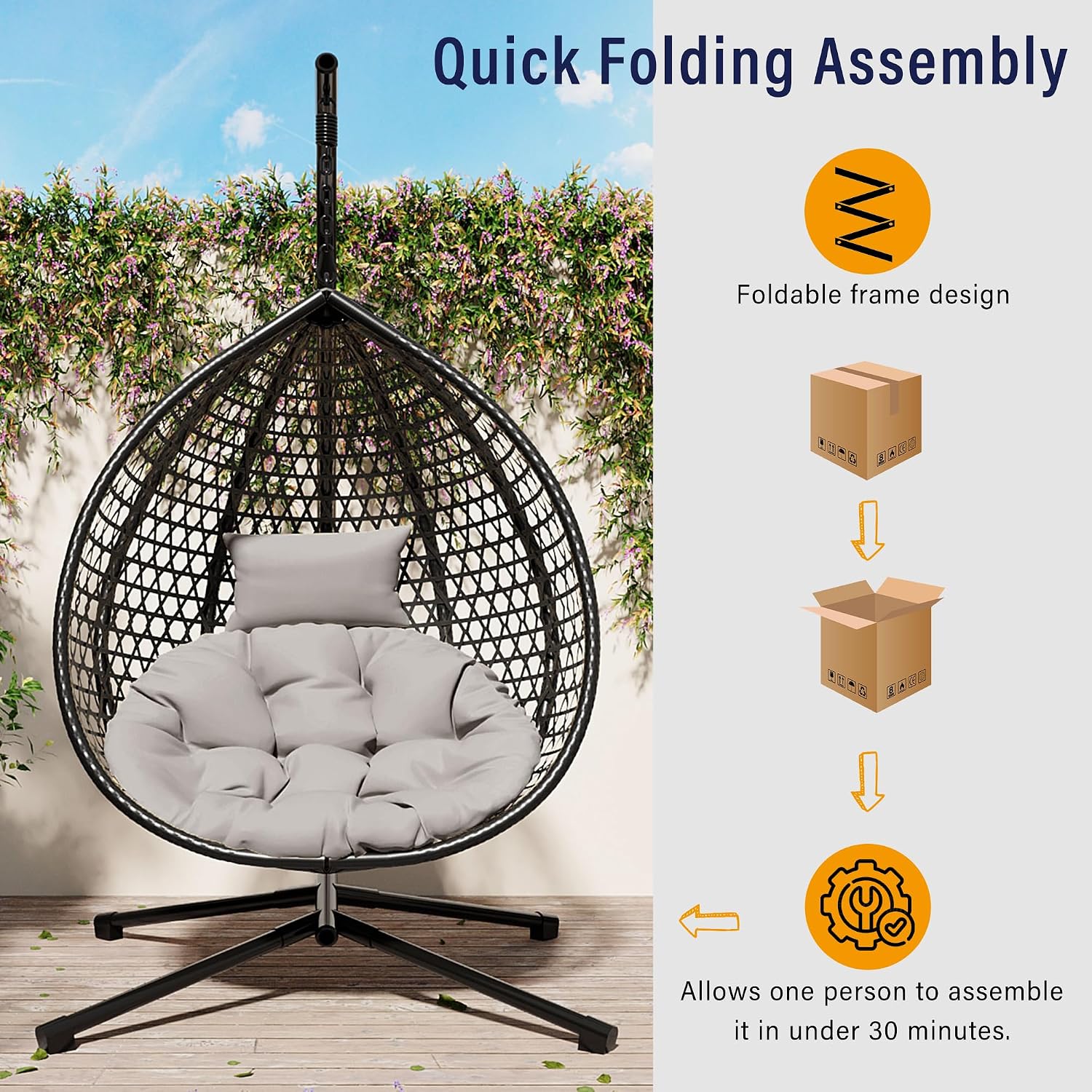Single Hammock Chair with Stand Durable Hanging Egg Chair with Rattan Weaving, Indoor Outdoor Swing Chairs with Soft Removable Cushion for Balcony, Bedroom, Patio, or Garden, Black+ Grey