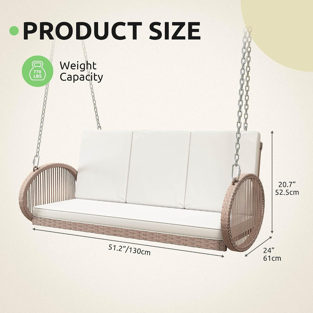 DWVO 3-Person Wicker Porch Swing with Cushions, Outdoor Hanging Swing Chair with Oval Armrests, Iron Frame, 800lbs Capacity for Patio, Garden, Balcony (Beige)