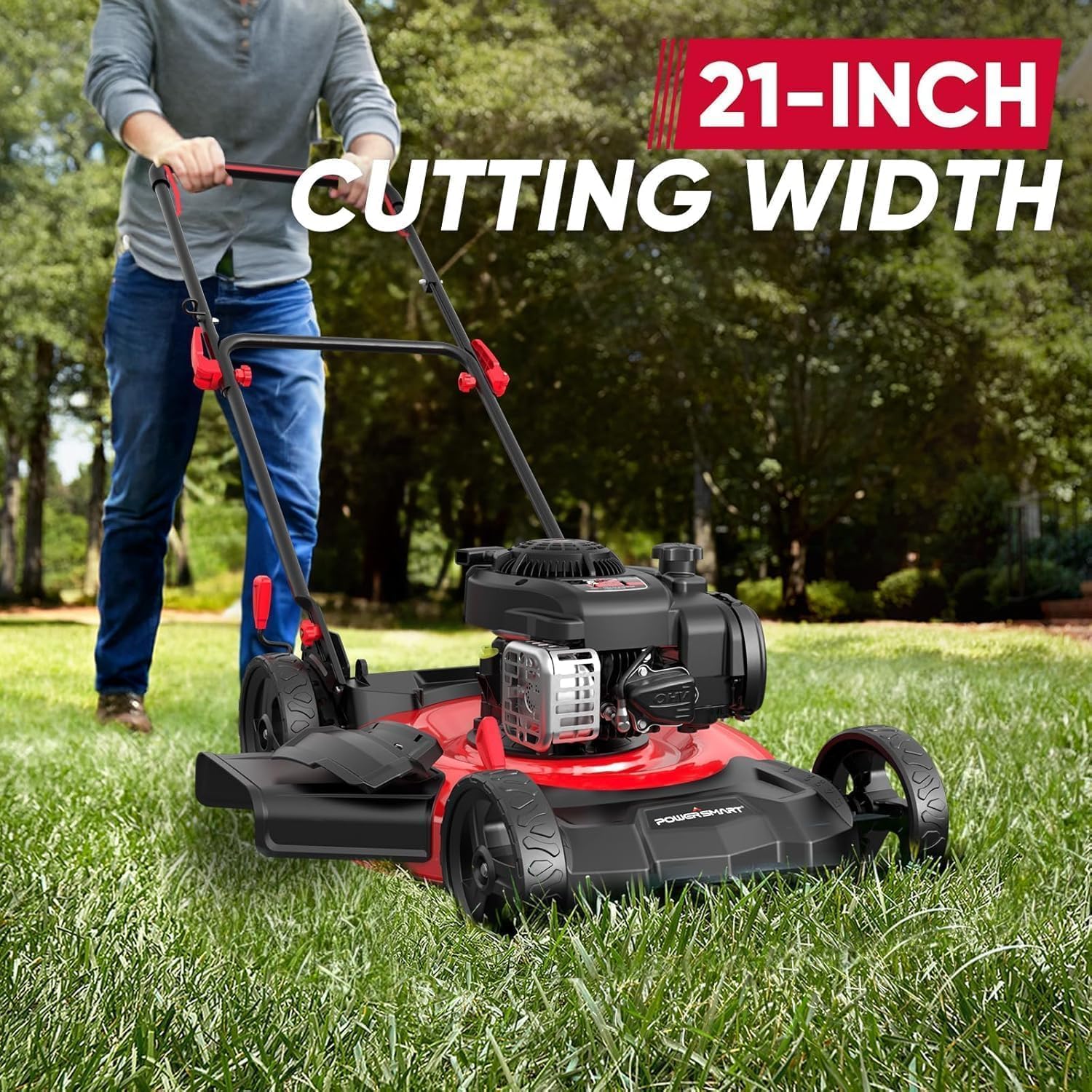 PowerSmart 21' Push Lawn Mower, B&S 125cc Engine, 2-in-1 Mulching and Side Discharge, Lightweight, Easy Assembly, Cordless Push Lawn Mowers for Garden Yard