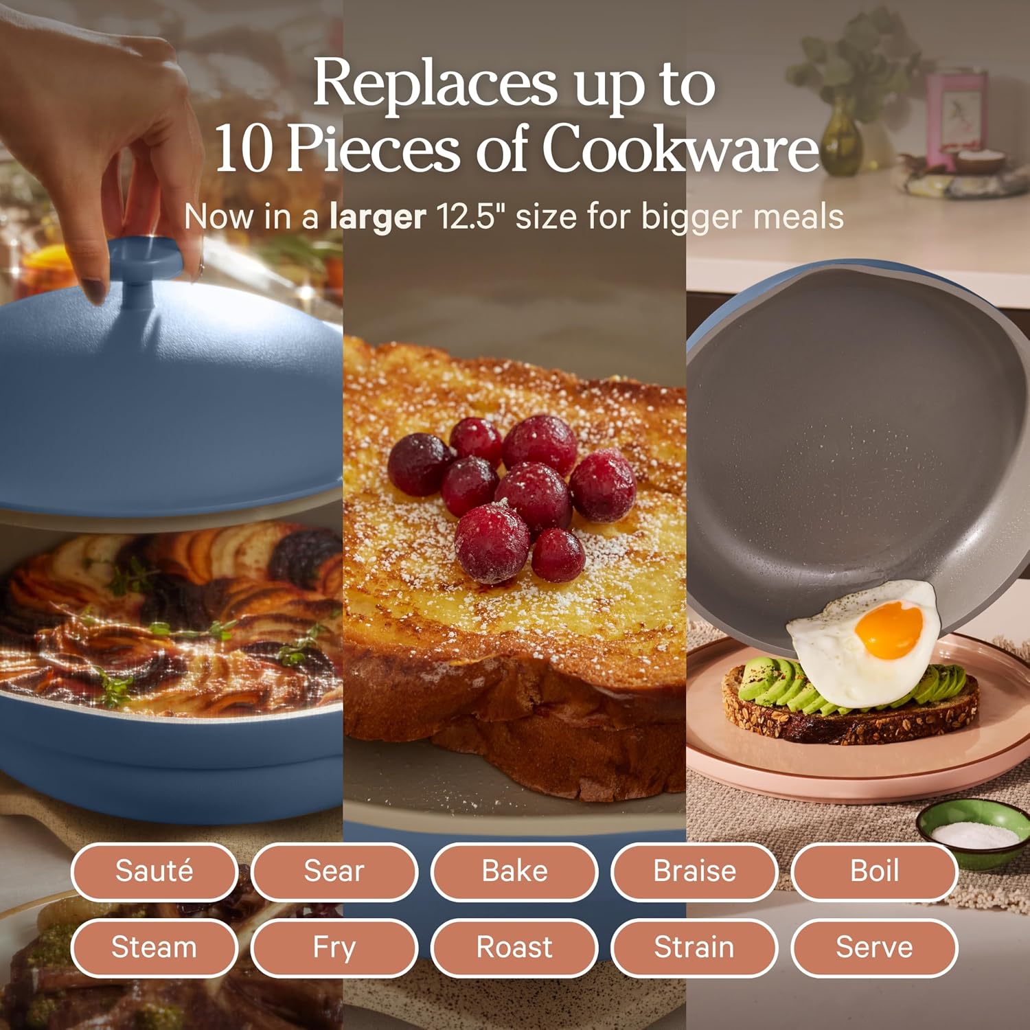 Our Place Large Always Pan | 12.5' Ceramic Pan with Modular Lid & Beechwood Spatula | Patented 10-in-1 Nonstick, Non-Toxic Cookware Made Without PFAS | Induction & Oven-Safe up to 450°F | Char