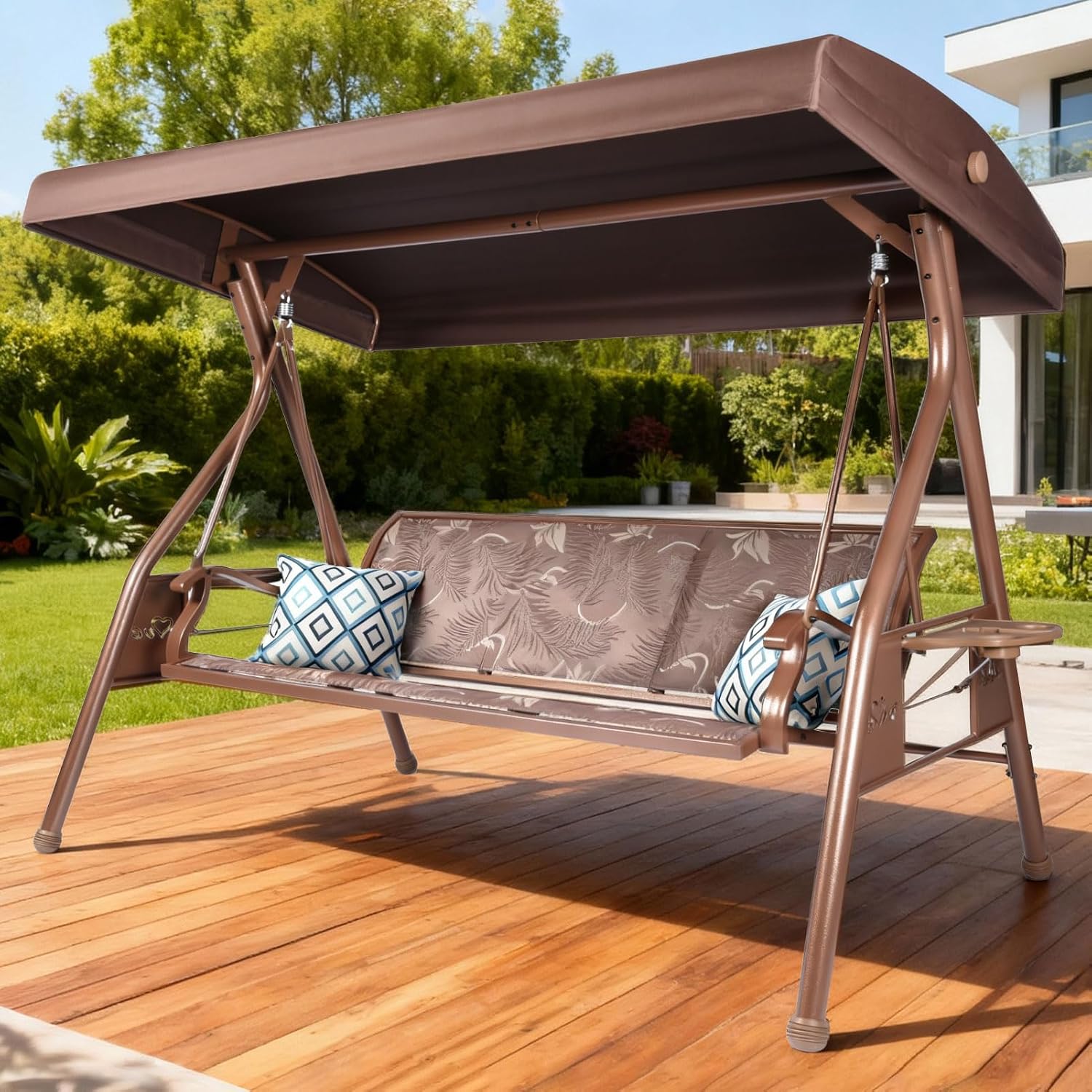 ZZW 3 Person Patio Swing Outdoor Swing for Adults with Adjustable Canopy &Upgraded Cup Holders Textilene Fabric Porch Swing Chair with Stand Heavy Duty 800 LBS