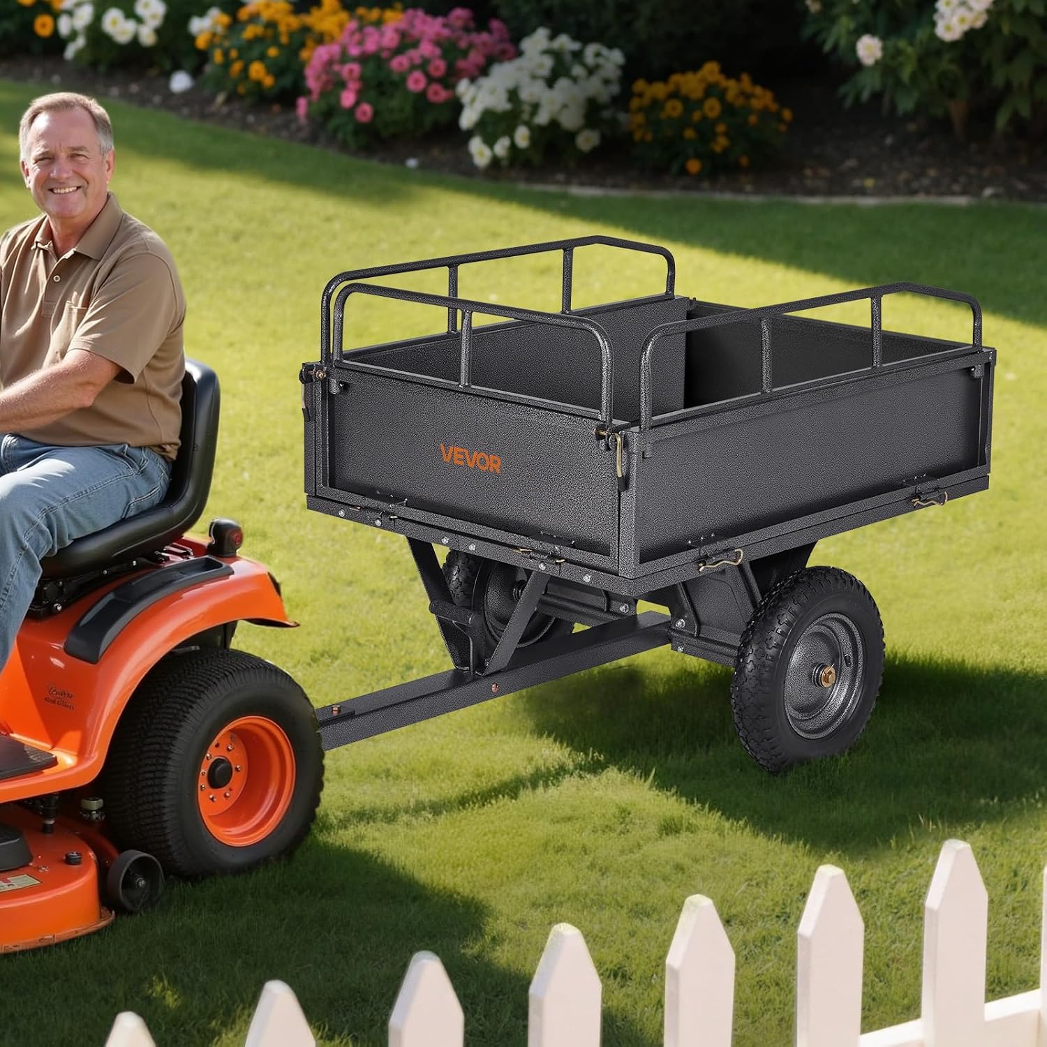 VEVOR 10 Cu.Ft. & 500lbs ATV Trailer Dump Cart Tow Behind, Heavy Duty Utility UTV Trailer, Tow Behind Steel Yard Dump Wagon Cart with 14' Tires for Lawn Mower Tractor