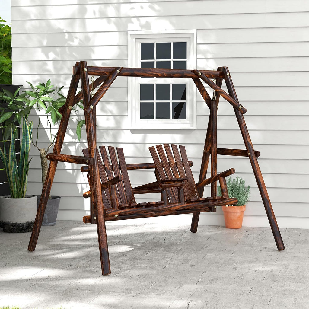 Outsunny Wooden Porch Swing with Stand, 2-Seat Patio Swing Chair with Center Table, for Garden, Poolside, Backyard