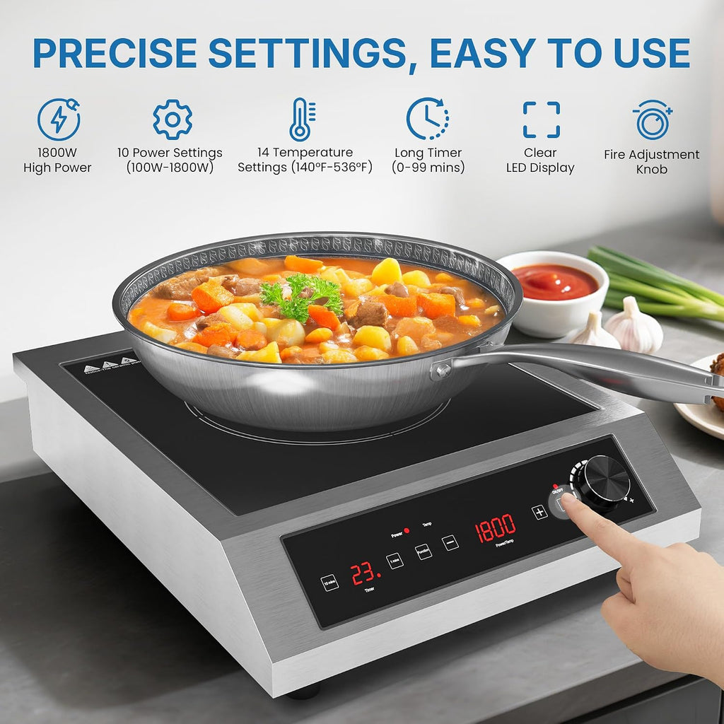 Commercial Electric Induction Cooktop, 1800W Induction Hot Plate, 10 Power & 10 Temp Setting, Professional Countertop Burner with Timer, Electric Stove with LED Screen, Black