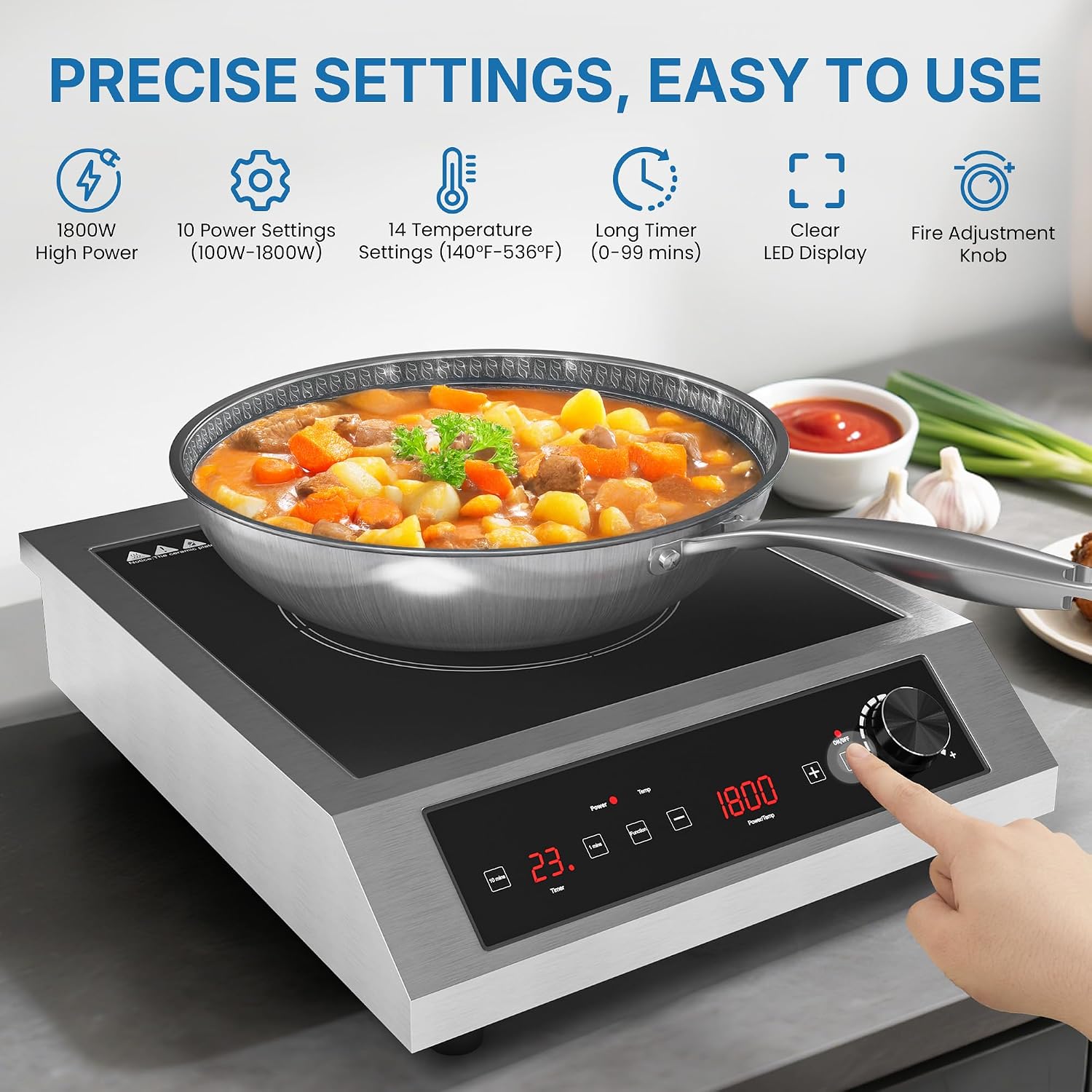 Commercial Electric Induction Cooktop, 1800W Induction Hot Plate, 10 Power & 10 Temp Setting, Professional Countertop Burner with Timer, Electric Stove with LED Screen, Black