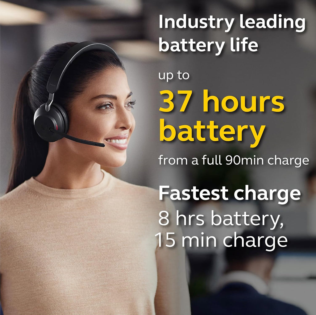 Jabra Evolve2 65 MS Wireless Headphones with Link380c, Stereo, Black – Wireless Bluetooth Headset for Calls and Music, 37 Hours of Battery Life, Passive Noise Cancelling Headphones