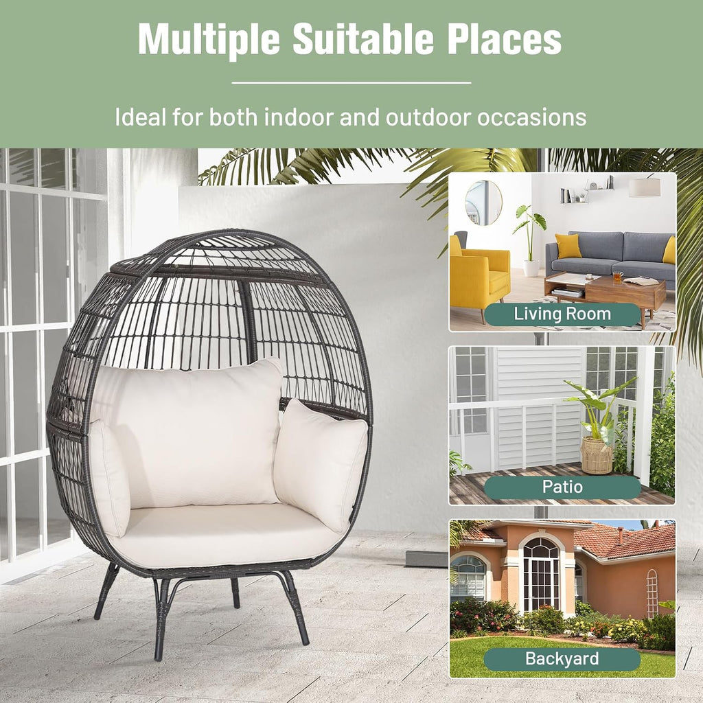 Tangkula Oversized Wicker Egg Chair, Stationary Patio Lounge Basket w/ 4 Soft Cushions, Stable Metal Frame, Gorgeous Indoor Outdoor Lounge Chair, Ideal for Living Room, Backyard, 450 LBS Max Load