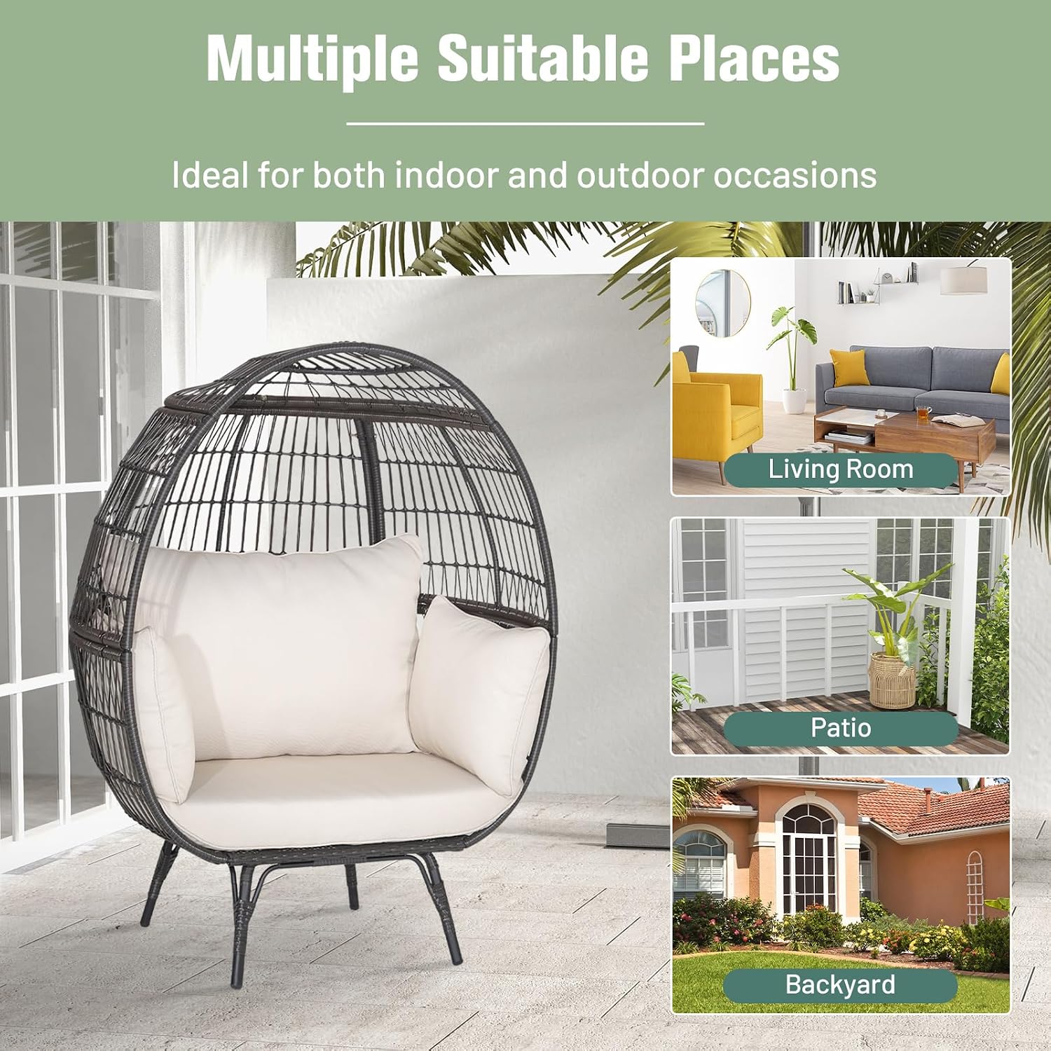 Tangkula Oversized Wicker Egg Chair, Stationary Patio Lounge Basket w/ 4 Soft Cushions, Stable Metal Frame, Gorgeous Indoor Outdoor Lounge Chair, Ideal for Living Room, Backyard, 450 LBS Max Load