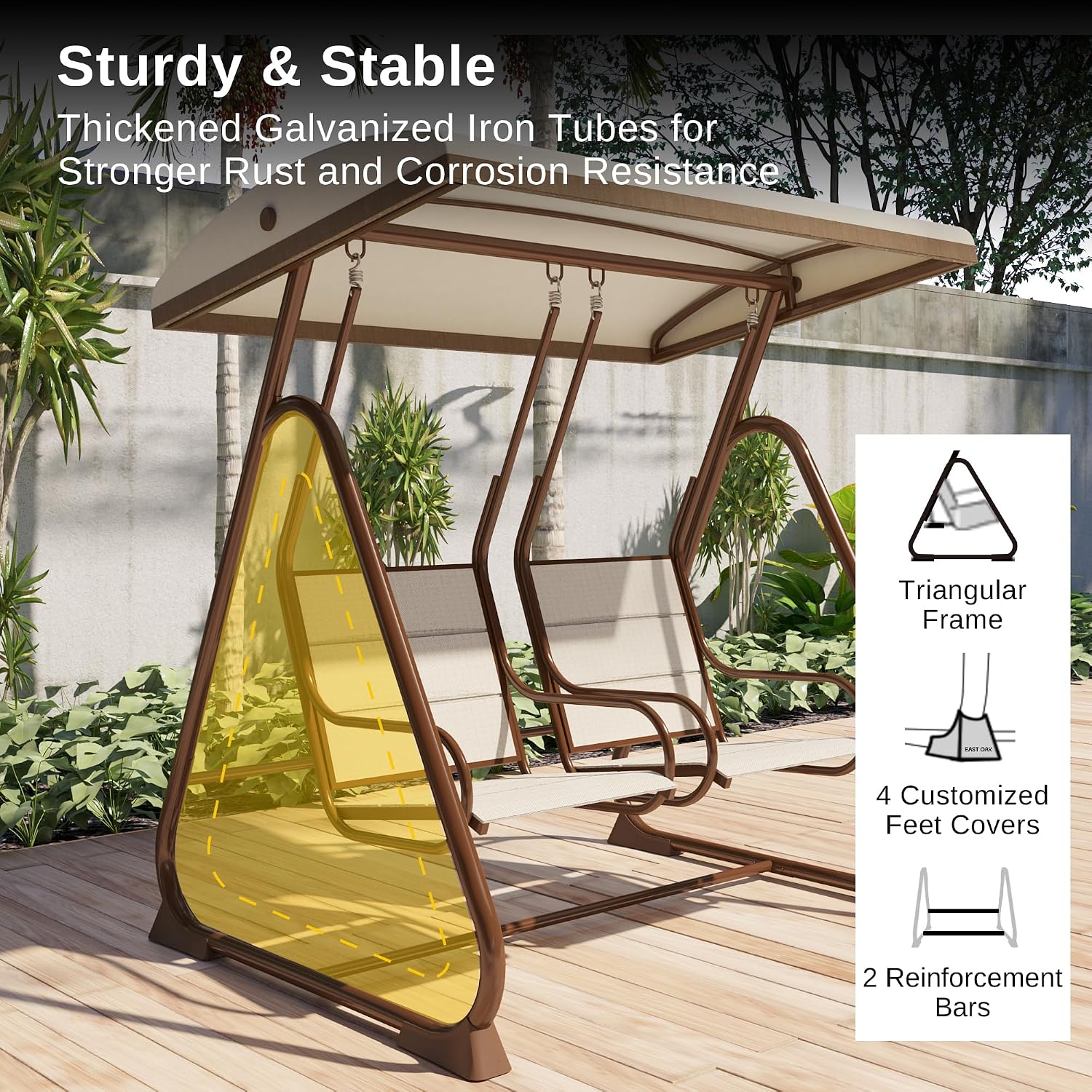 East Oak 2-Person Outdoor Patio Swing Chair with Adjustable Canopy, Porch Swing with Comfortable and Breathable Seats, Independent Swing Chairs for Garden, Balcony, Backyard, Chestnut Brown