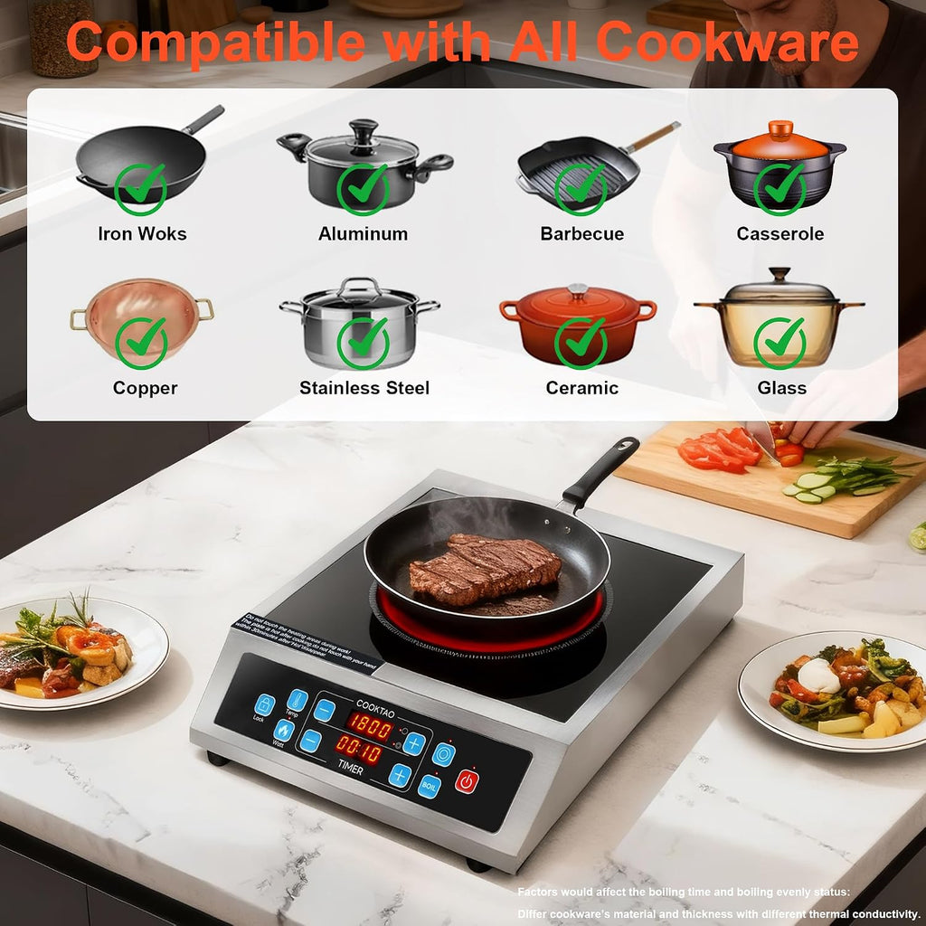 Dual Coils Design of Stainless Steel Single Burner Electric Cooktop, 1800W Commercial Ceramic Infrared Cooking Hot Plate, Portable Countertop Radiant Stove Top Cooker with WATT and TEMP Control