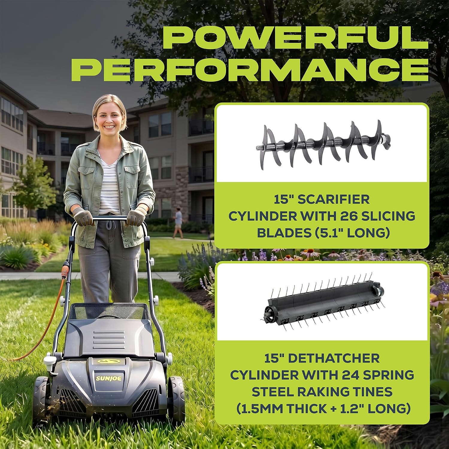 Sun Joe 15-Inch Electric Powered Lawn Dethatcher with Scarifier Blade Reel and Collection Bag - 13-Amp Corded Yard Power Rake Tool Machine for Grass Thatch Removal, AJ805E