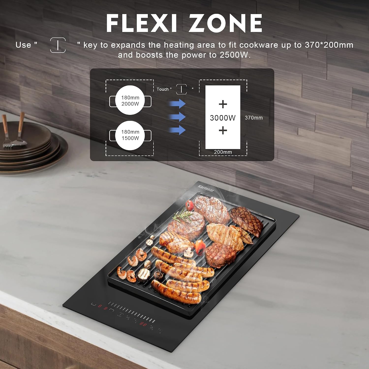 Karinear 12 Inch Induction Cooktop 2 Burners, Built-in Induction Stovetop with Flex Zone,Child Safety Lock, Timer, Pause, Slider Control Black Glass Electric Cooktop 220V 3500W(come with a pot)
