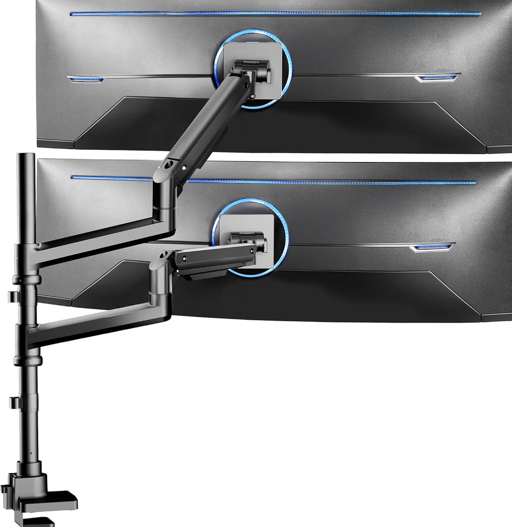 VIVO Pneumatic Arm Dual Ultrawide Monitor Extra Tall Desk Mount for Up to 49 inch Screens, Heavy Duty Clamp, Holds 2 Ultra Wides Up to 44 lbs, Black, STAND-V120K