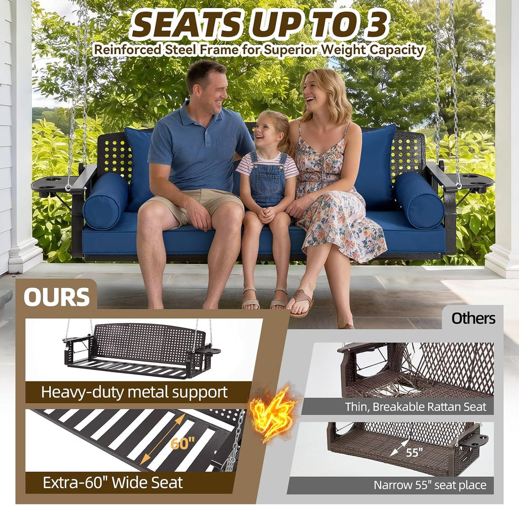 3 Seat Hanging Porch Swing, Patio Swing Bench with Cup Holders & 3 Back Cushions, Swing Chair with Chains for Deck Garden Backyard,Blue(60-Inch Width)
