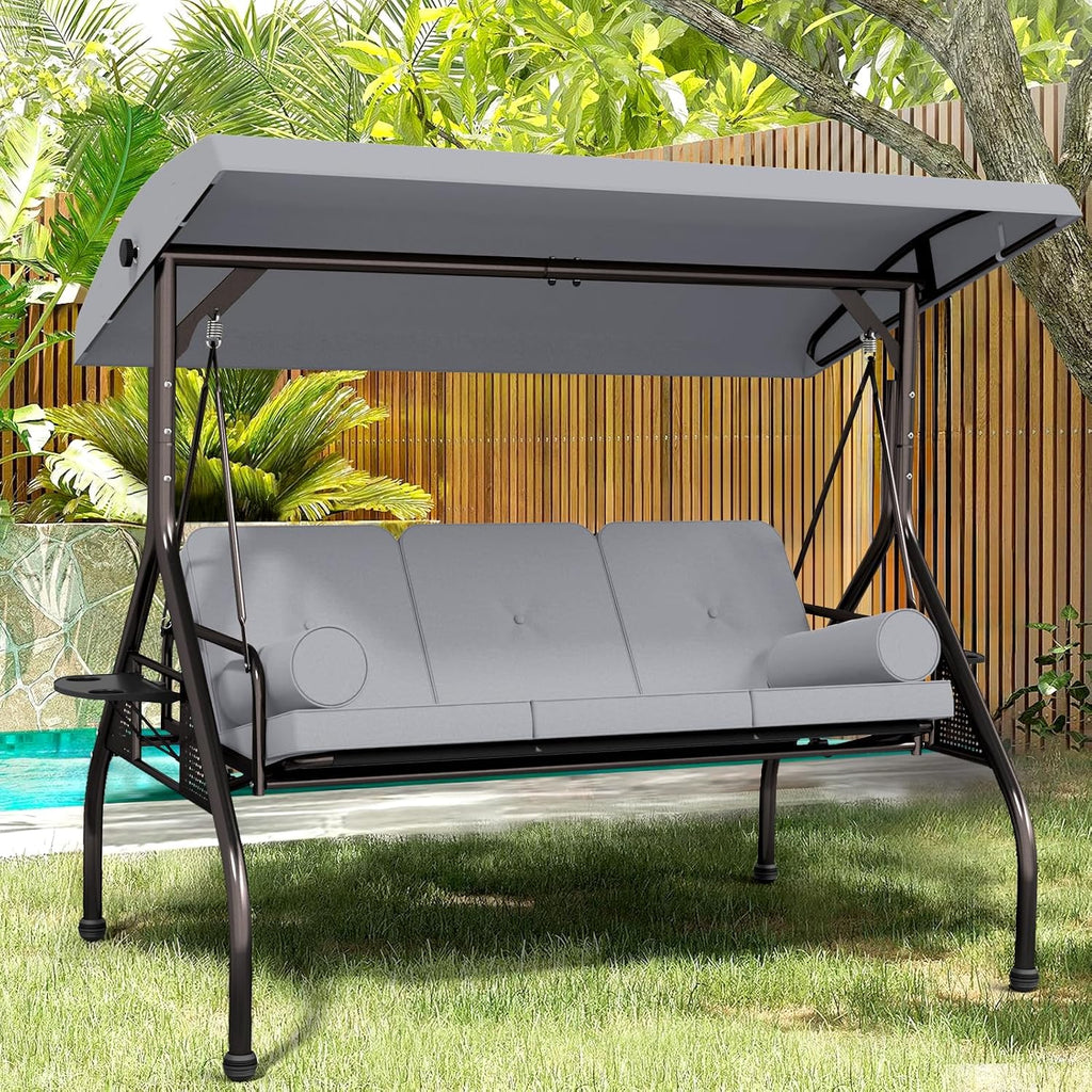 Betterland 3-Seat Patio Swing Chair, Outdoor Porch Swing with Cushions,Pillows & Cup Holders, Adjustable Canopy Outside Bench Swing for Backyard, Garden, Porch (Grey)