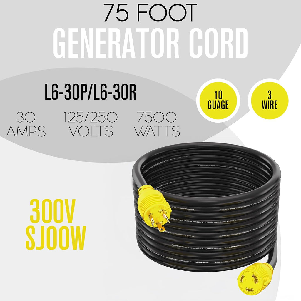 Houseables 30 Amp Generator Cord, L6-30 Extension Cord, L6-30R, L6-30P, 75 Feet, Generator Cable, 3 Prong, 250V Extension, 30amp, NEMA, Twist Lock, RV, Heavy Duty, 10 Gauge, 250 Volt, UL & ETL Listed