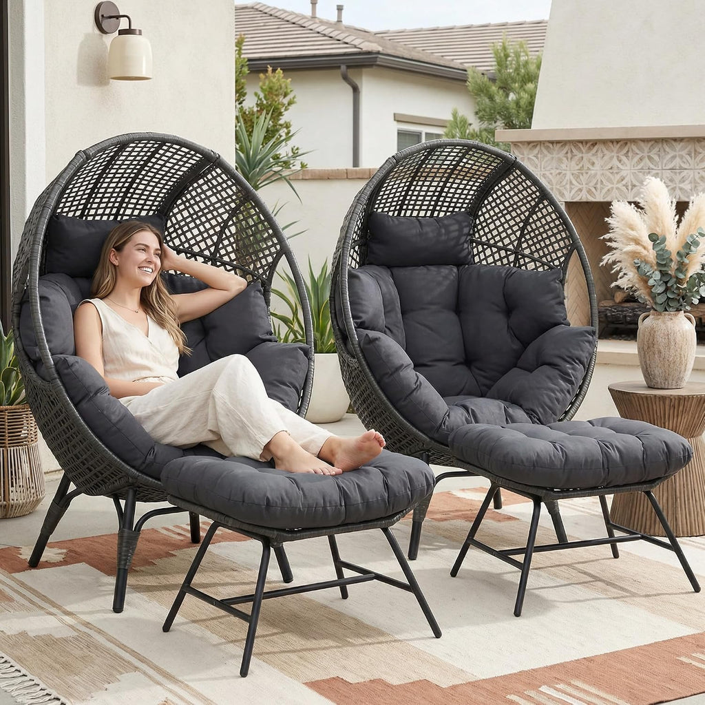 NICESOUL Outdoor Egg Chair with Footrest, XL Large Cushioned Double Egg Seat w/Legs for 2 People, 440lbs Egg-Shape Lounge Chair w/Ottoman Set of 2, Modern Stationary Patio Seating for Reading, Grey