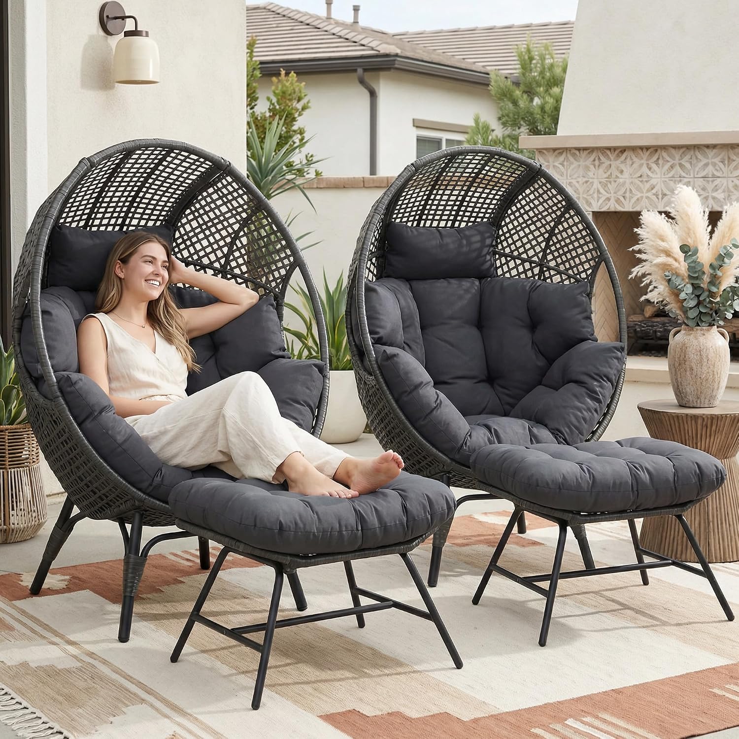 NICESOUL Outdoor Egg Chair with Footrest, XL Large Cushioned Double Egg Seat w/Legs for 2 People, 440lbs Egg-Shape Lounge Chair w/Ottoman Set of 2, Modern Stationary Patio Seating for Reading, Grey