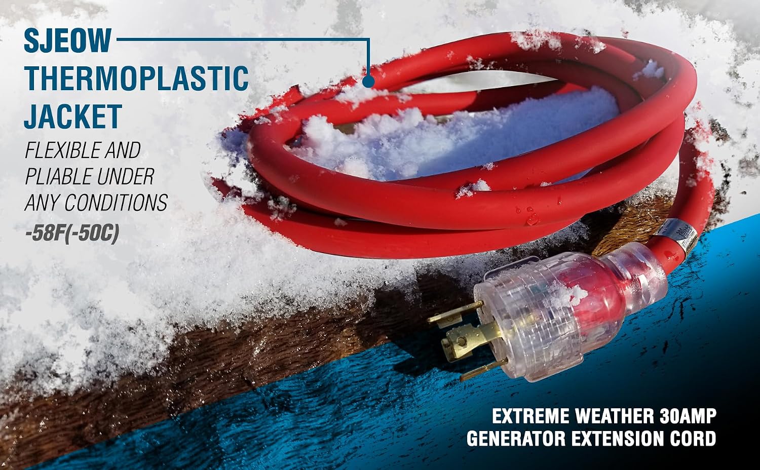 TEMCo 50 ft Extreme Cold Weather L14-30 Generator Extension Cord | 30 Amp 10 Gauge SJEOW with Lighted Plugs | Flexible to -58°F (-50°C) UL Listed - Red