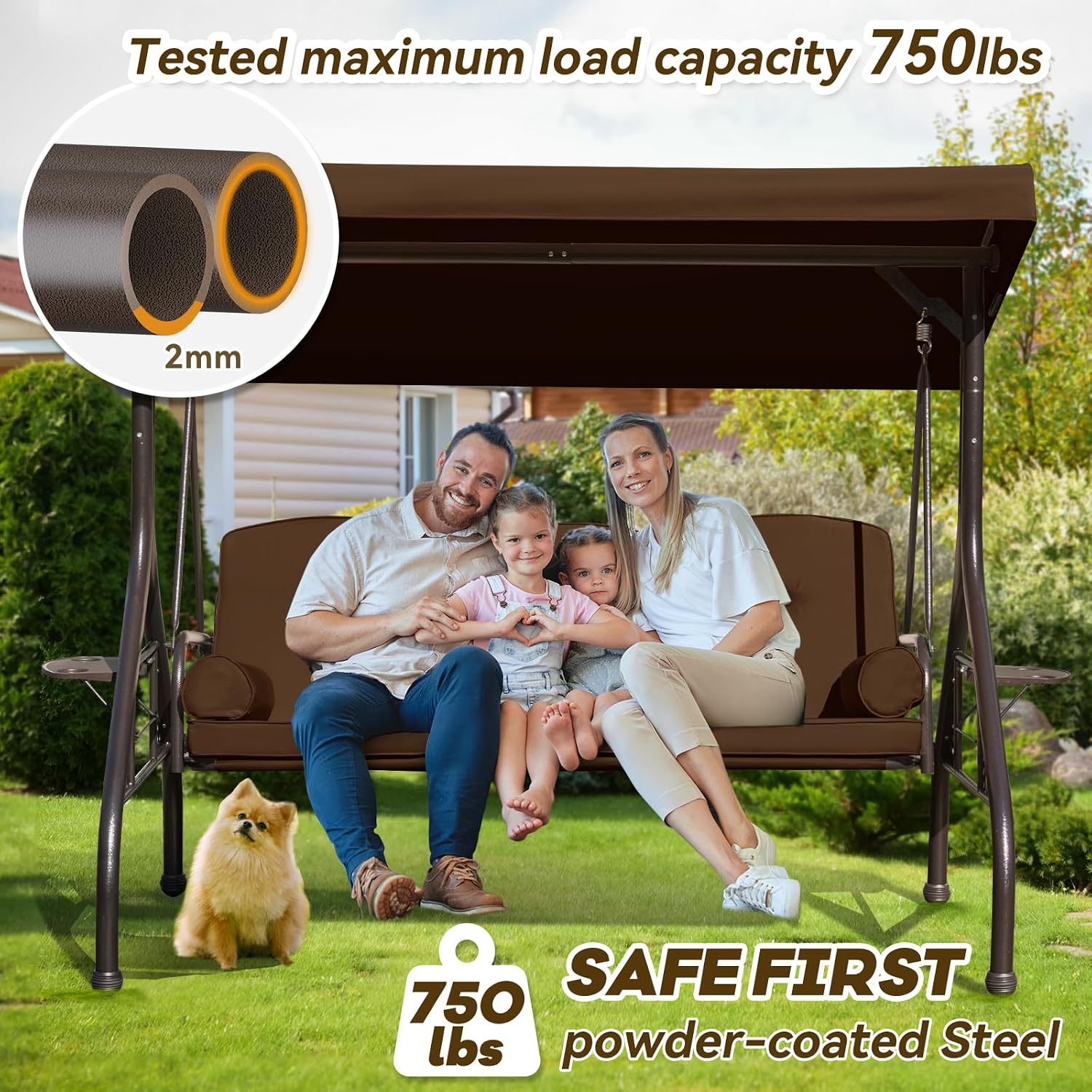 3 in 1 Outdoor Porch Swing with Adjustable Canopy, 3 Seat Outdoor Swing for Adults, Patio Swing Chair with Thickened Cushions,Pillows & Cup Holders for Backyard, Porch, Garden (Brown)