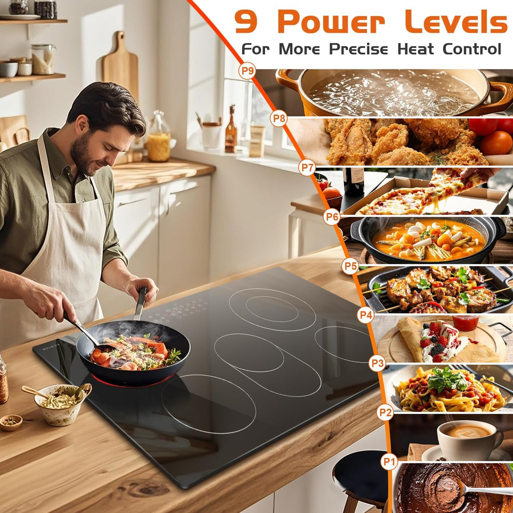 Noxton 36 Inch Electric Cooktop 5 Burner Electric Stove Top, Built-in Radiant Ceramic Cooktop with Extended Zone, Sensor Touch Control, Child Safety Lock, Timer, Pause, 8400W 240V Hard Wire