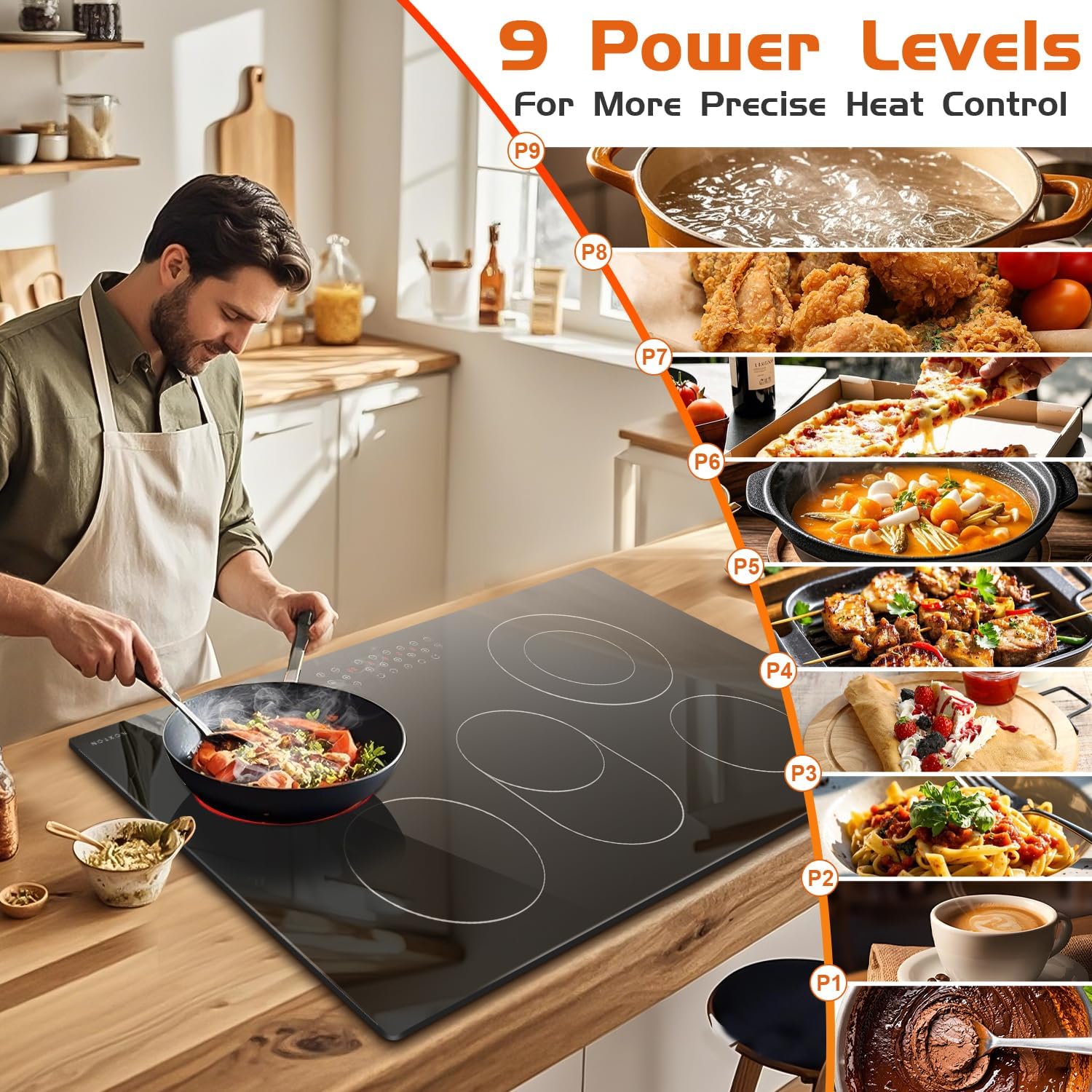 Noxton 36 Inch Electric Cooktop 5 Burner Electric Stove Top, Built-in Radiant Ceramic Cooktop with Extended Zone, Sensor Touch Control, Child Safety Lock, Timer, Pause, 8400W 240V Hard Wire
