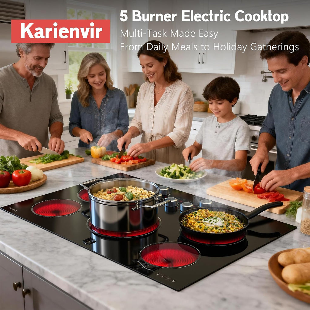 30 Inch Electric Cooktop Karienvir, 5 Burner Cooktop 8500W Built-in Electric Stove Top, Anti-slip Knob & Touch Control, Dual-Ring Burner, 30' Safety Lock, Timer, 220V Hardwired