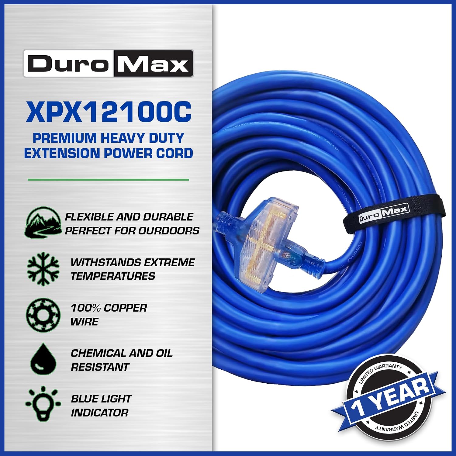 DuroMax XPX12100C Heavy Duty SJEOOW 100-Foot 12 Gauge Blue Triple Tap Lighted Extension Power Cord