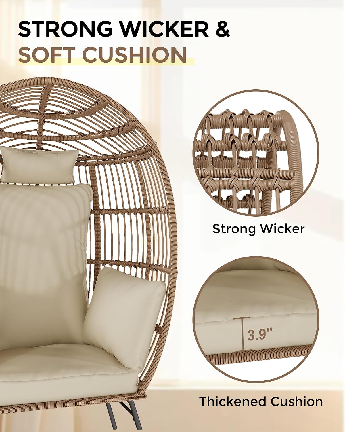 GAOMON Oversize Wicker Egg Chair with 4 Comfy Cushions, Big Egg Shaped Lounger with Ottoman, Rattan Reading Chairs for Indoor Outdoor Patio Porch Backyard, Beige