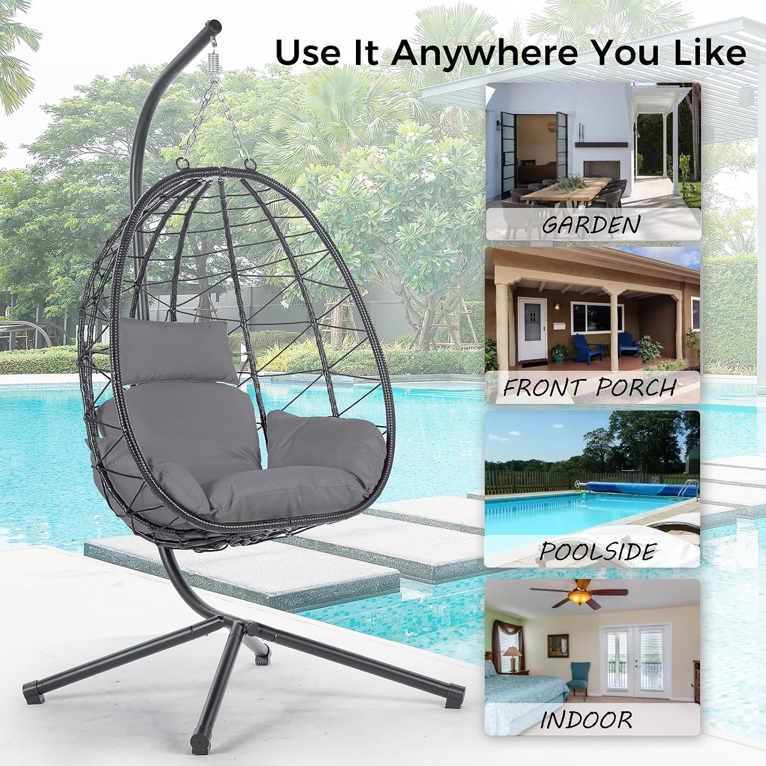 Hanging Egg Chair with Stand, Black Wicker Rattan Swing Egg Chair, Indoor Outdoor Swing Chair for Patio Balcony Porch Bedroom, 350 LBS Capacity (Dark Gray)