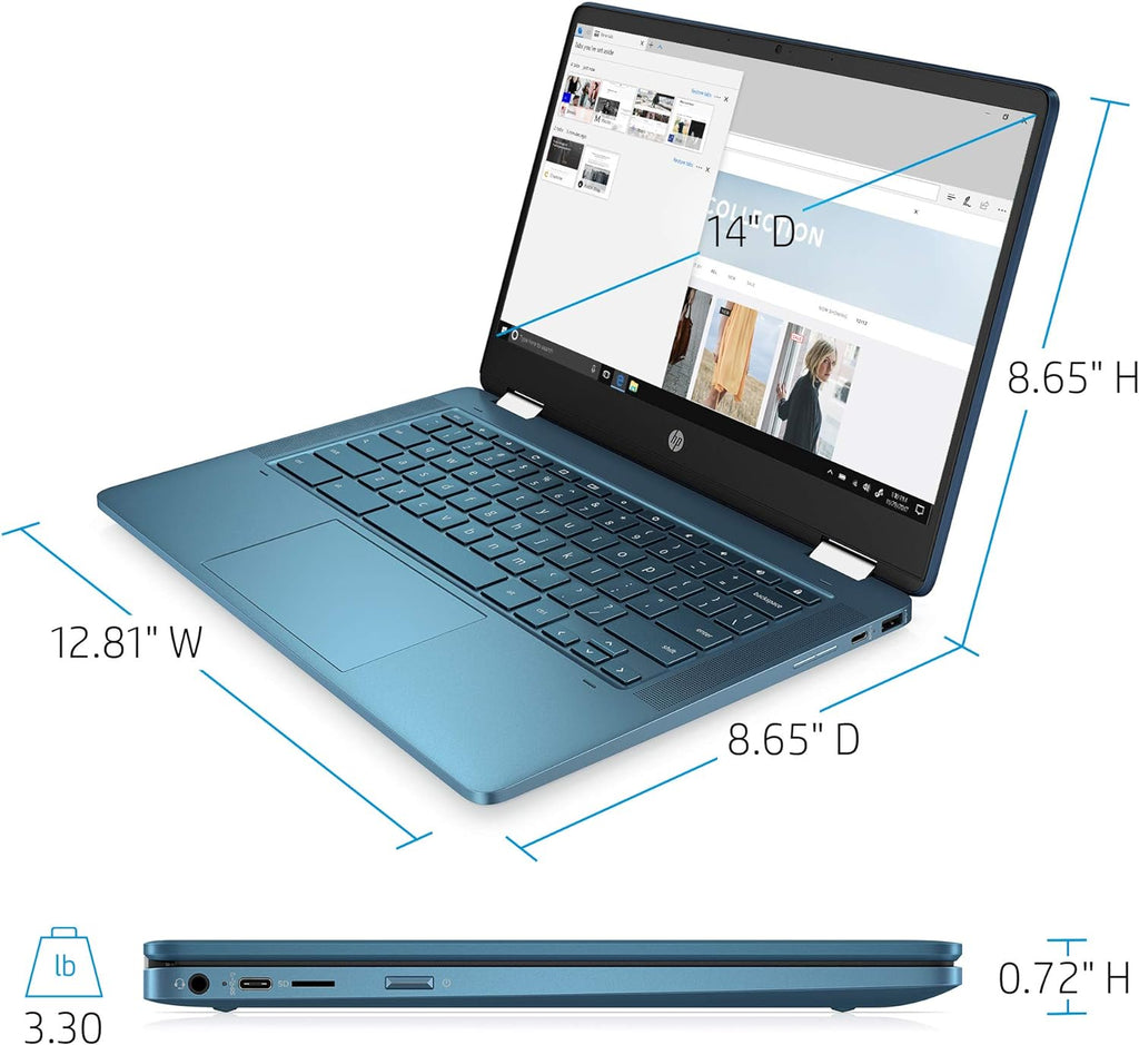 Laptop HP X360 14a Chromebook 14' HD Touchscreen, Entertaining from Any Angle Intel Celeron, 4GB LPDDR4 64GB eMMC WiFi Webcam Stereo Speakers Bluetooth 4.2 Chrome Blue Metallic Color (Renewed)