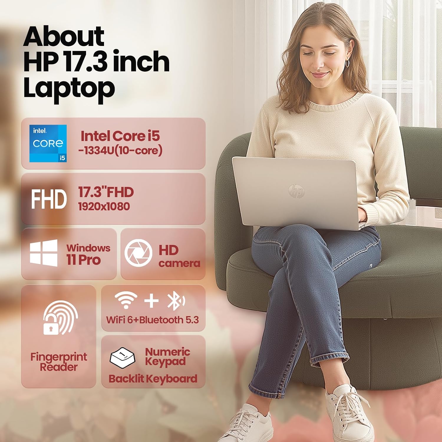 HP 17.3-inch Business Laptop 2026, Intel 10-Core i5-1334U, 12GB RAM, 512GB SSD, 17.3' FHD Anti-Glare Display, Backlit Keyboard, Fingerprint Reader, Wi-Fi 6, Windows 11 Pro, Business & Student Notebook