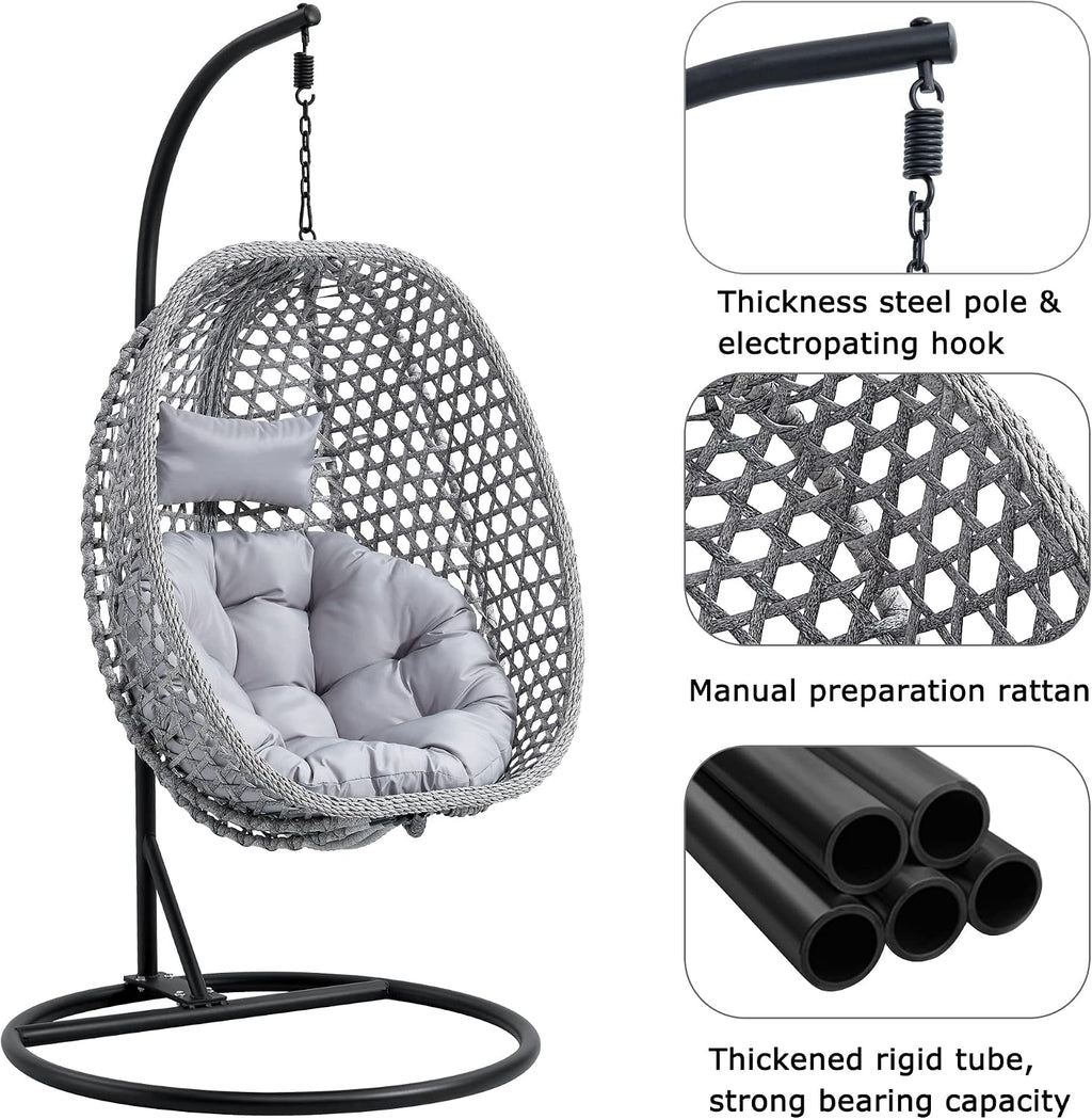 Hanging Egg Chair with Stand & Cushions, Outdoor and Indoor Hammock Rattan Swing Chair 350 lbs Capacity with Aluminum Steel Frame for Patio, Balcony, Backyard and Living Spaces (Light Grey)