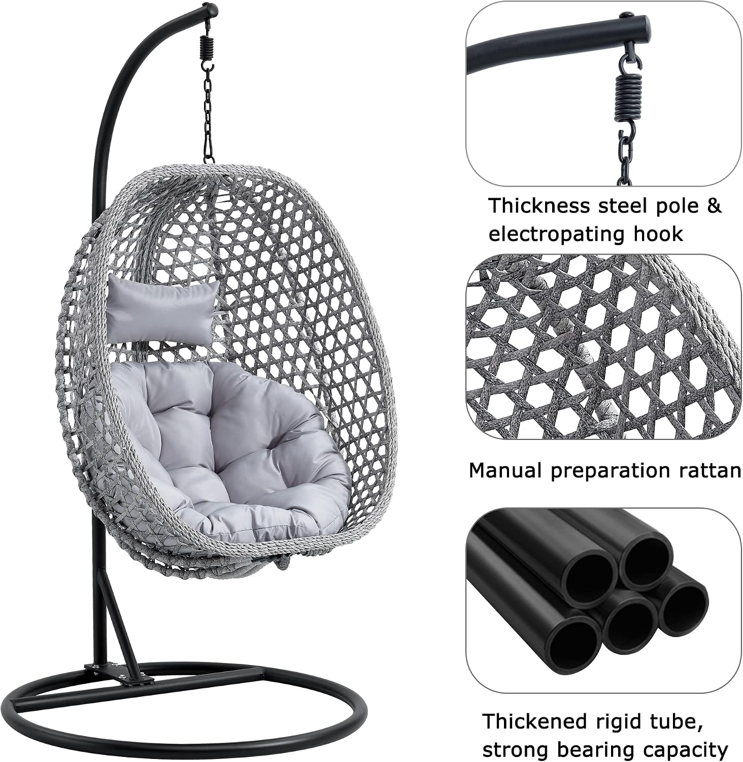 Hanging Egg Chair with Stand & Cushions, Outdoor and Indoor Hammock Rattan Swing Chair 350 lbs Capacity with Aluminum Steel Frame for Patio, Balcony, Backyard and Living Spaces (Light Grey)