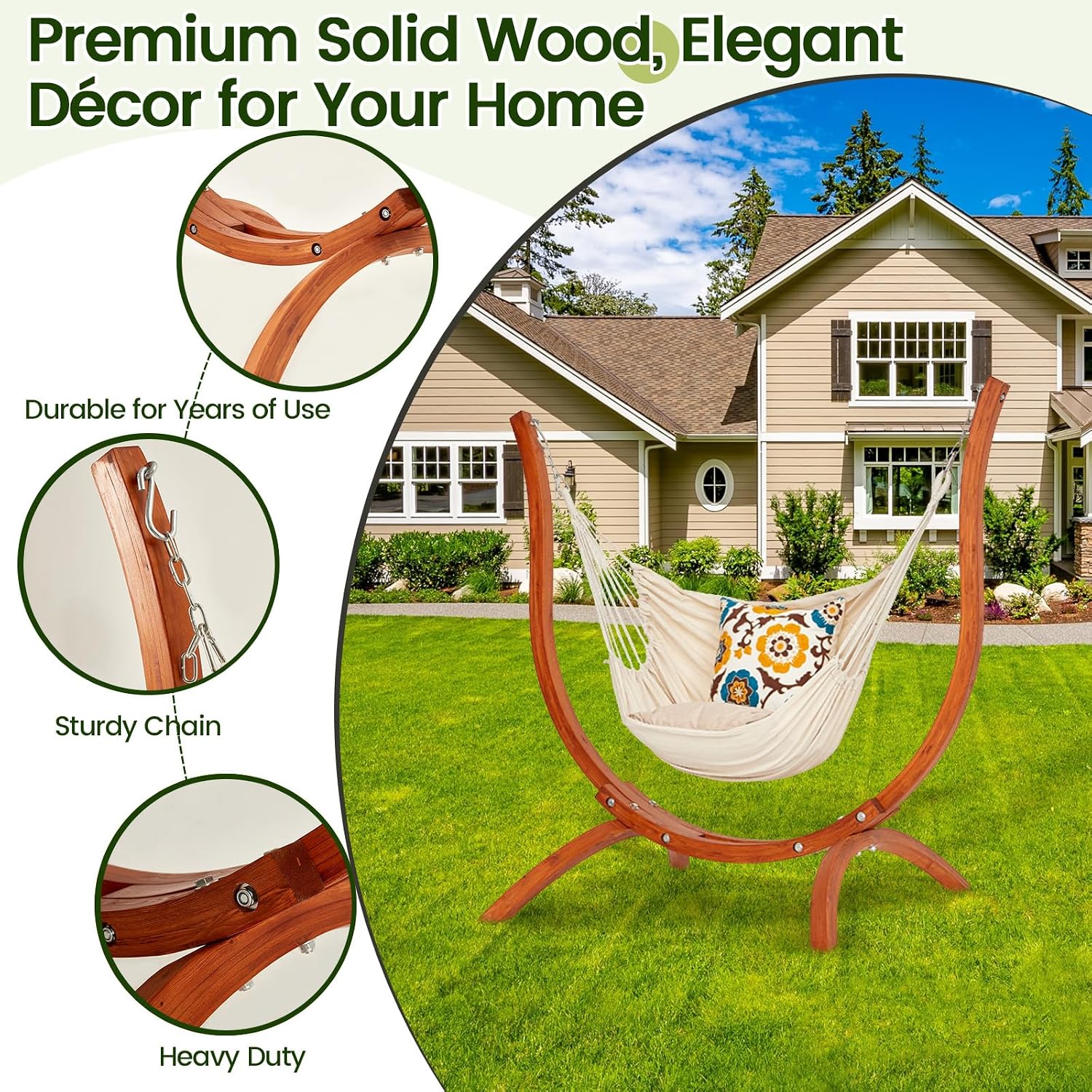 Premium Wooden Hammock Stand only (500 lbs/226kg), Sun Protection & Rain Resistant, Heavy Duty Premium Solid Wood Hammock Chair for Indoor or Outdoor Use, Safe & Stable (Hammock Not Included)