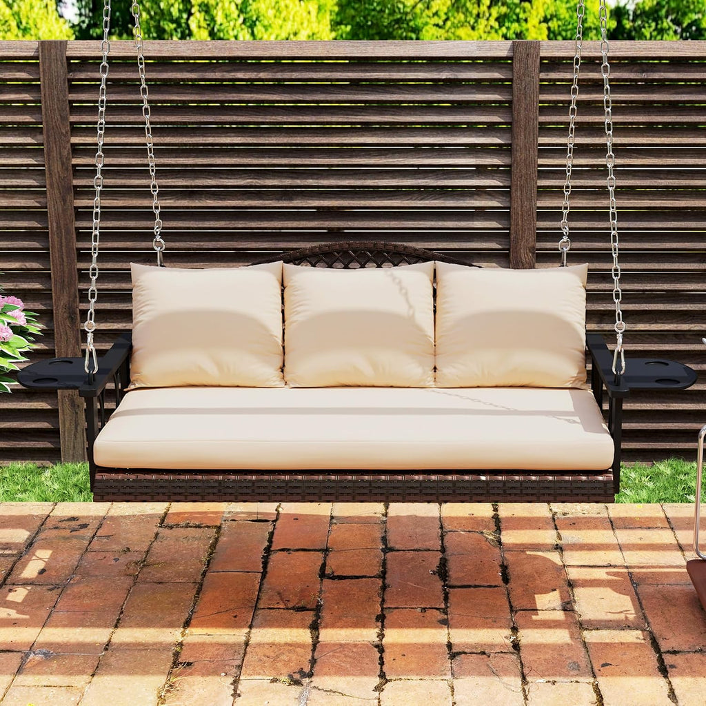 Outsunny 3 Person Wicker Porch Swing Chair Heavy Duty 800 LBS with Cup Holder, 57 Inch Outdoor Rattan Patio Hanging Swing Bench with Cushions and Chains for Garden, Backyard, Brown