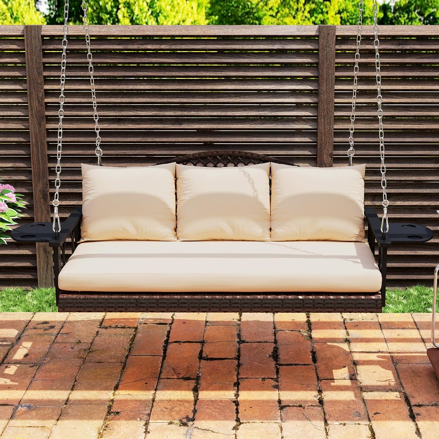 Outsunny 3 Person Wicker Porch Swing Chair Heavy Duty 800 LBS with Cup Holder, 57 Inch Outdoor Rattan Patio Hanging Swing Bench with Cushions and Chains for Garden, Backyard, Brown