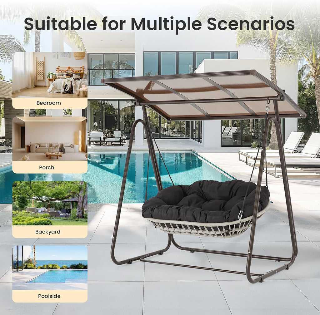 2-Seat Outdoor Patio Porch Swing with Polycarbonate (PC) Canopy, All-Weather Outdoor Swing Chair with 4.7' Thick Cushion and Hand-Woven Rope, Heavy Duty Steel Frame for Patio, Garden, Black