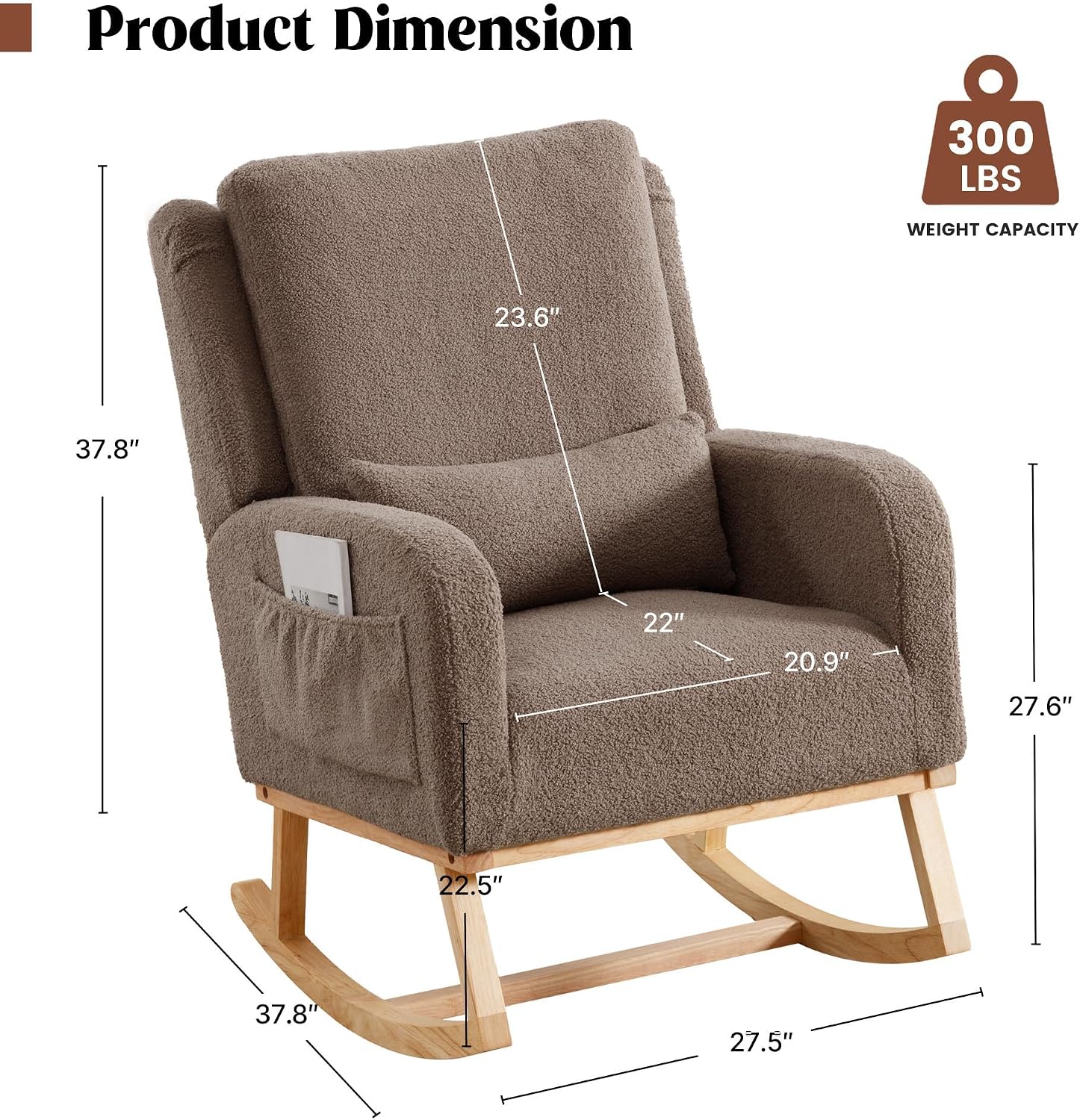 HCHAIRH Rocking Chair Nursery, Teddy Nursing Rocking Chairs, Upholstered Nursery Glider Rocker Wingback Morden Rocking Chair with Lumbar Pillow for Mom Nursery, Living Room, Bedroom, Coffee
