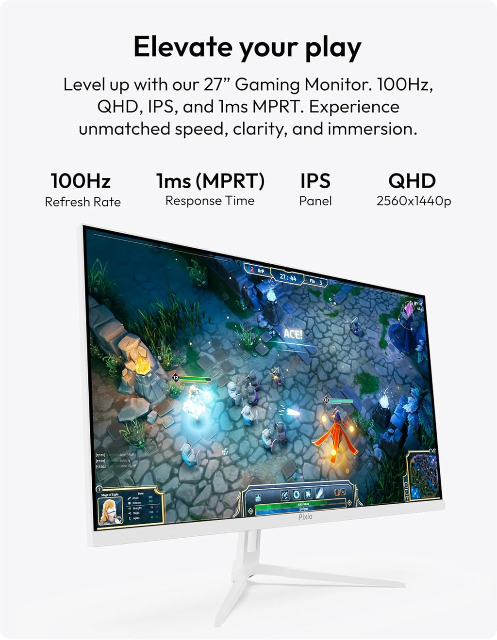 Pixio PX275 Wave White 27 inch 100Hz Refresh Rate QHD 1440p Resolution IPS Panel 1ms MPRT Response Time Gaming Monitor with Adaptive Sync