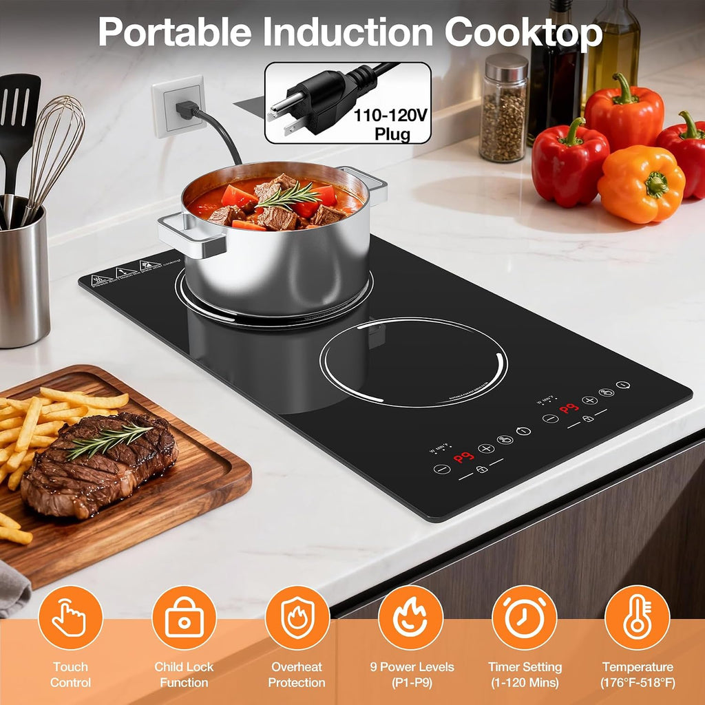 Double Induction Cooktop, Portable Induction Stove Hot Plate with 9-Level Touch Control, Safety Lock, Auto Shutoff Timer Setting, Overheating Protection for Apartments, RVs, Camping