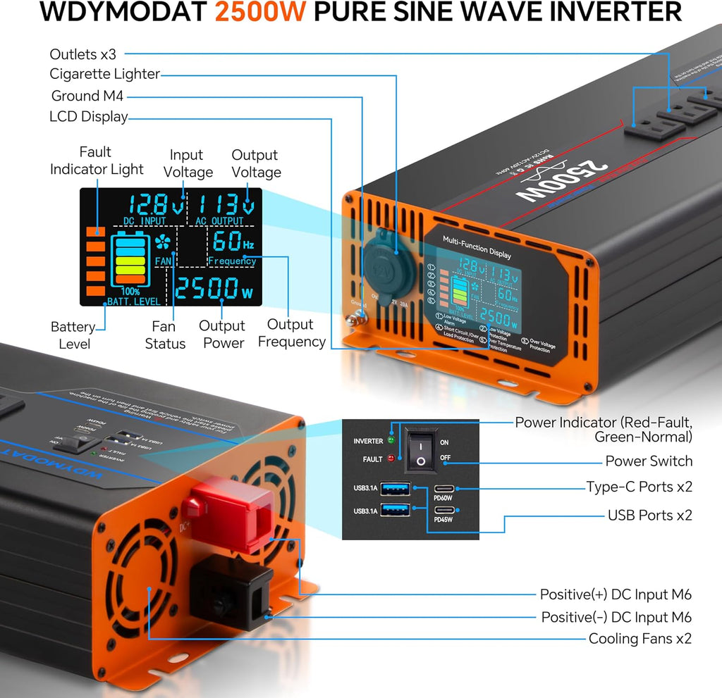 2500W Pure Sine Wave Inverter, Car Power Inverter 12V to 110V 120V, DC to AC Converter Generator with AC Outlets 3.0A USB Type-C, Remote Controller LCD Display Truck Inversor for Vehicles, RV