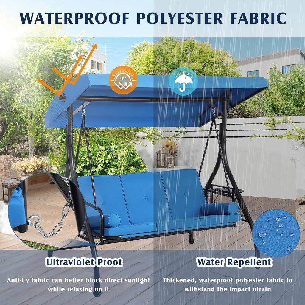 Grepatio 3-Seat Outdoor Porch Swing with Adjustable Canopy, 3 Person Convertible Porch Swing Bed with Stand, Heavy Duty Patio Swing with Cup Holder and Pillows, Cushion for Garden, Poolside (Blue)