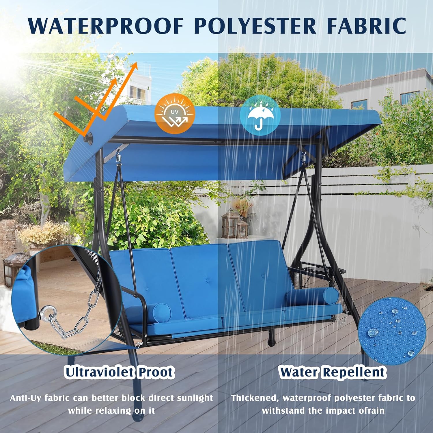 Grepatio 3-Seat Outdoor Porch Swing with Adjustable Canopy, 3 Person Convertible Porch Swing Bed with Stand, Heavy Duty Patio Swing with Cup Holder and Pillows, Cushion for Garden, Poolside (Blue)
