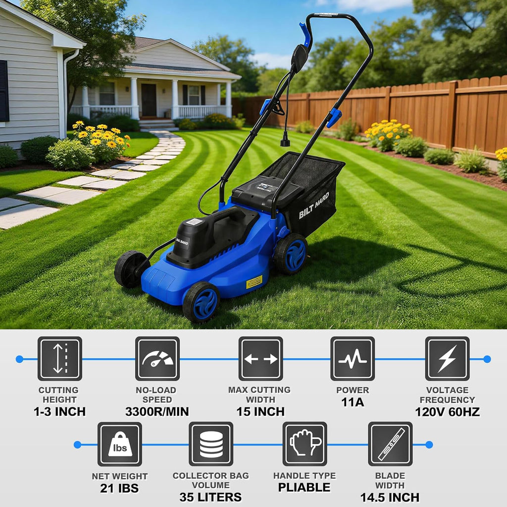 BILT HARD Corded Electric Lawn Mower 15 Inch, 11Amp Electric Push Mower with 9.2 Gallon Collection Bag, 5 Height Adjustment, Lightweight Lawnmower for Garden, Yard