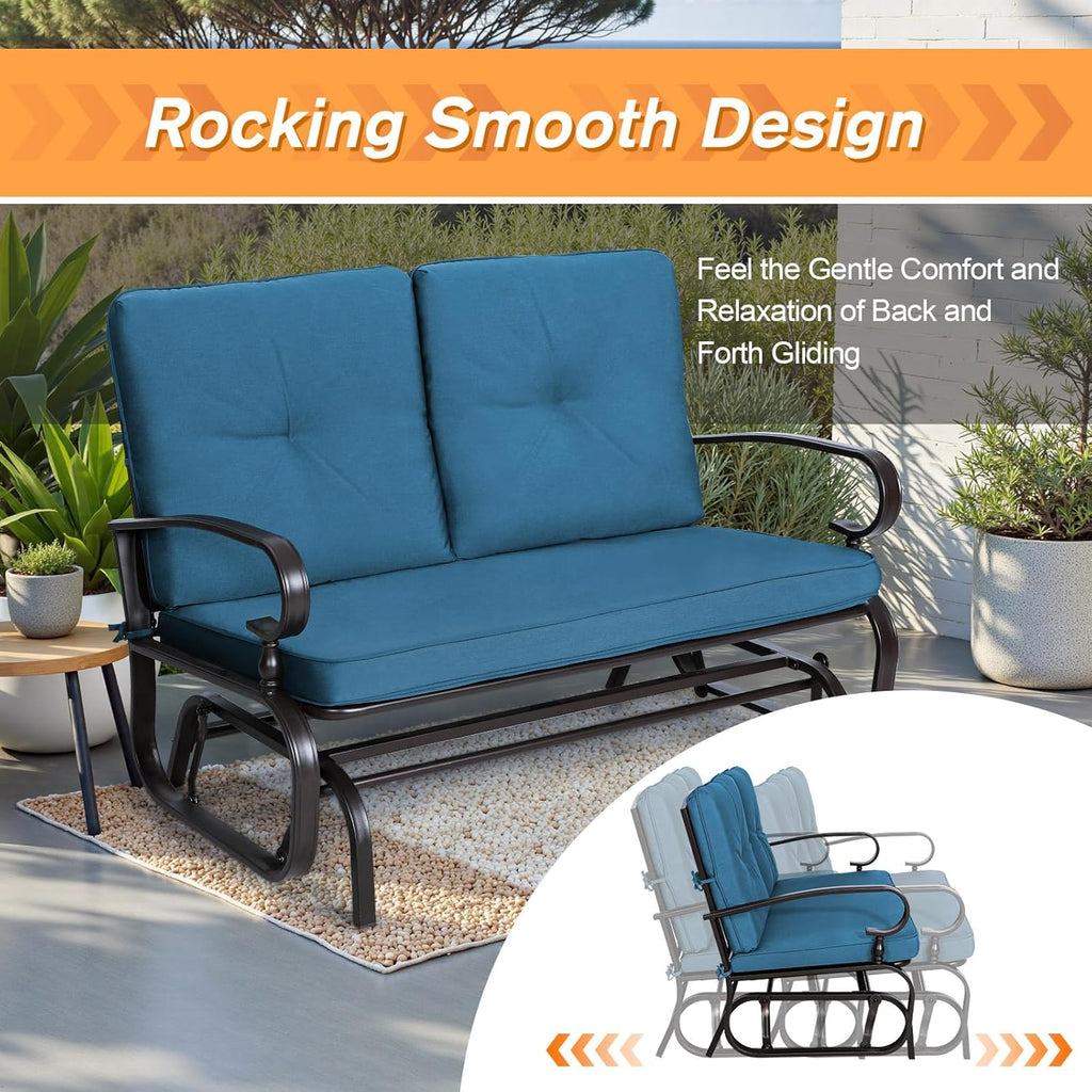 Incbruce Outdoor Swing Glider Rocking Chair Patio Bench for 2 Person, Garden Loveseat Seating Patio Steel Frame Chair Set with Cushion, Peacock Blue
