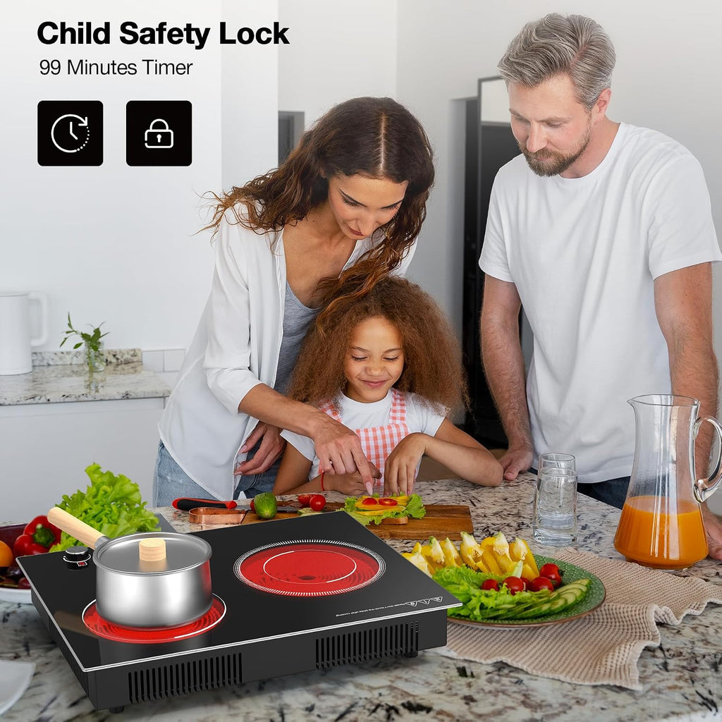 VBGK Electric Cooktop,2100W Built-in & Countertop 2 Burner Electric Cooktop,Electric Stove Top with10 Heating Level, Timer & Kid Safety Lock, LED Knob Touch Control Electric Burner with Plug