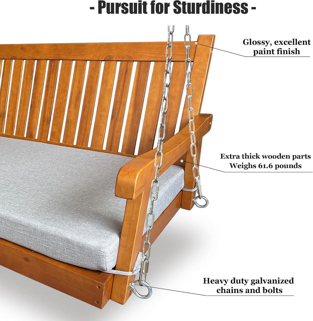 6 FT Wooden Porch Swing Bed with Thick Cushion – Outdoor Hanging Daybed for Patio or Porch, Solid Fir Wood Frame, Weather-Resistant, Heavy Duty 1000 LBS (Teak Tone)