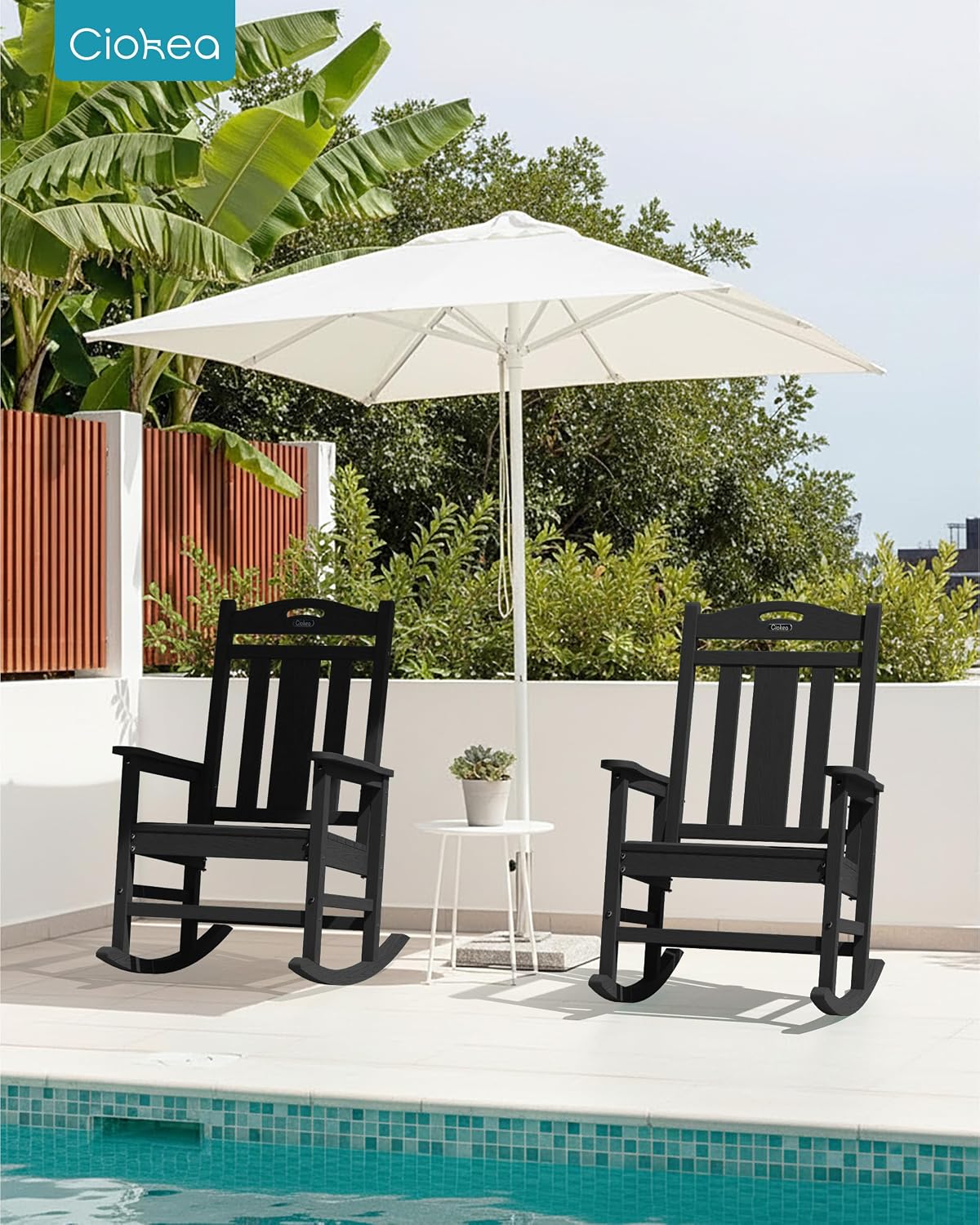 Ciokea Oversized Outdoor Rocking Chairs Set of 2, 380lbs Heavy-Duty Large Patio Rocker, High Back Cozy Porch Chairs, Weather Resistant Patio Rocking Chairs for Outside, Fire Pit, Deck, Black