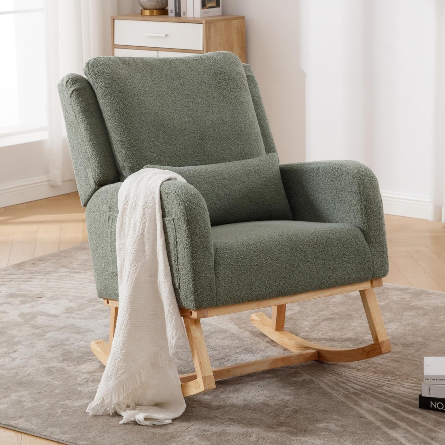 HCHAIRH Rocking Chair Nursery, Teddy Nursing Rocking Chairs, Upholstered Nursery Glider Rocker for Mom Nursery Morden Accent Rocking Chair with Lumbar Pillow for Living Room,Bedroom, Green